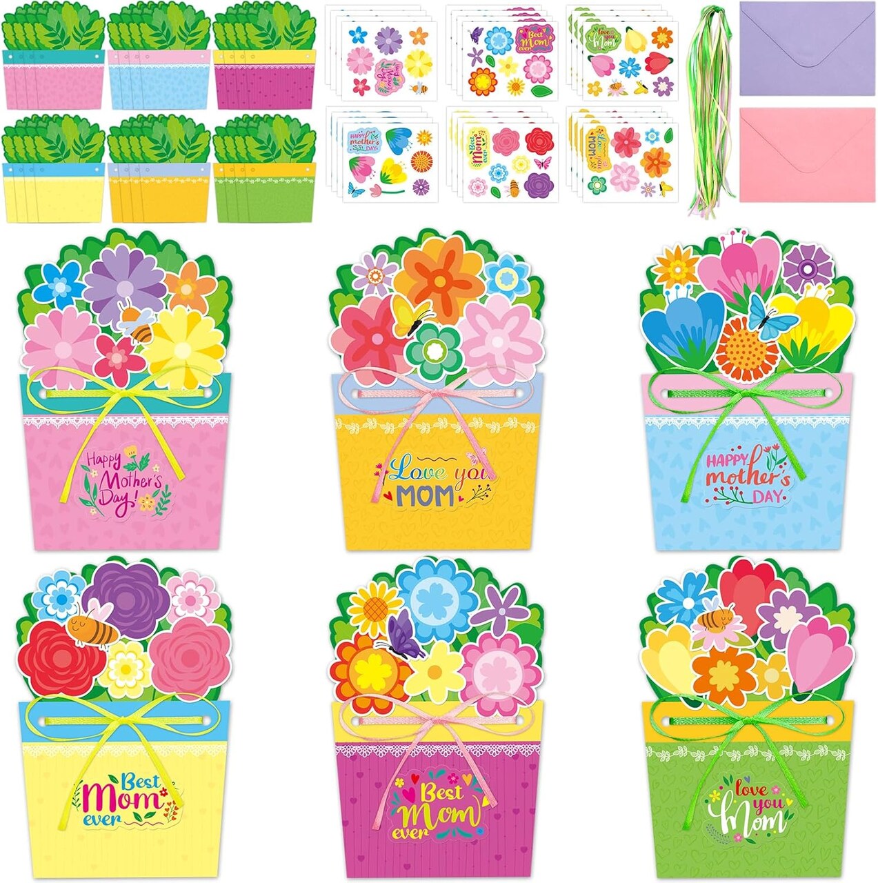 Mother’s Day Card Making Kit for Kids – 24 Sets DIY Flowerpot Mother’s Day Cards with Envelopes, Stickers & Ribbons, Classroom Crafts Activity Gifts for Mom